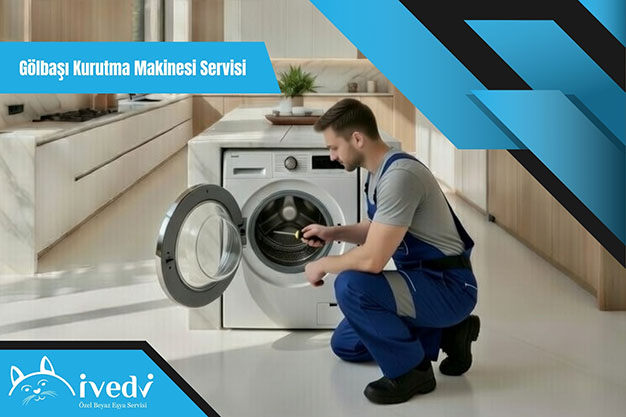 Gölbaşı Kurutma Makinesi Servisi uzman teknisyeni, arızalı kurutma makinesinde detaylı arıza tespiti ve bakım işlemi yapıyor.