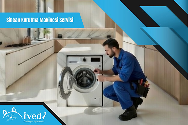 Sincan Kurutma Makinesi Servisi uzman teknisyeni, arızalı kurutma makinesinde detaylı kontrol ve profesyonel onarım işlemi yapıyor.