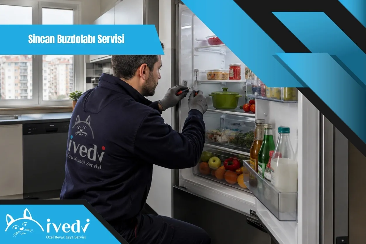 Sincan buzdolabı servisi için mutfakta buzdolabı arıza tespiti yapan İvedi Servis teknisyeni