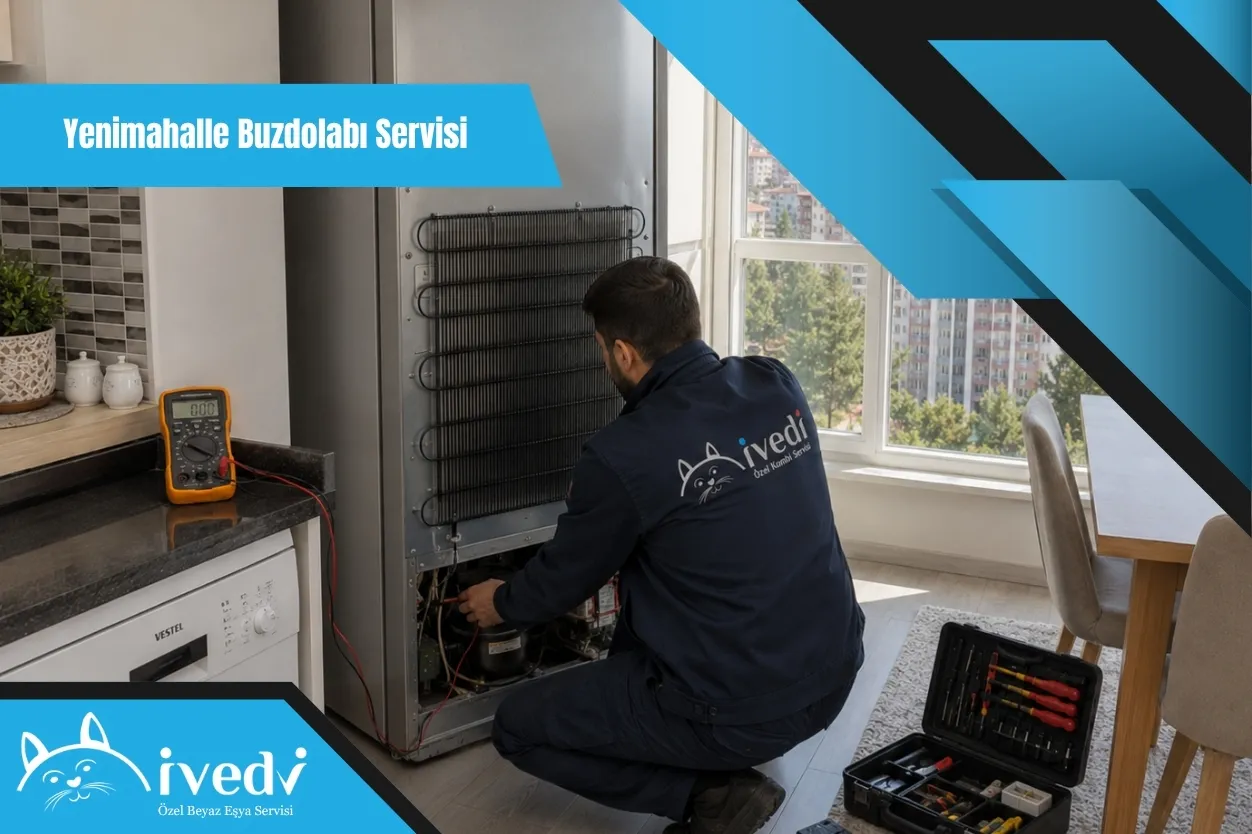 Yenimahalle buzdolabı servisi için buzdolabı arıza kontrolü yapan İvedi Servis teknisyeni